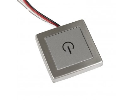 Stříbrný hranatý přisazený stmívač vypínač na nalepení nebo přivrtání pro LED pásky a jiná zařízení nízkonapěťové plynulé stmívání PWM na 12V nebo 24V.