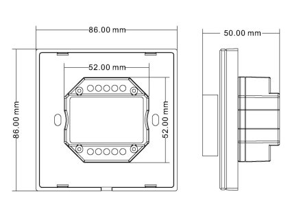 Nástěnný LED stmívač OV DUPLEX 1K jednokanálový, dálkový RF přijímač a ovladač LED, maximální zatížení 4 x 3 A (12V 144W, 24V 288W), dosah až 30 m, paměť posledního nastavení, rozměry 86 x 86 x 50 mm