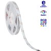LED pásek Kanlux LCOB 21W/M, RGB+CCT (3000–6100 K), napětí 24 V DC, světelný tok až 680 lumenů na metr, CRI >90, COB technologie bez viditelných bodů, řezatelný po 3,6 cm, vnitřní použití IP00, šířka 12 mm, délka 5 metrů – ideální pro moderní interiérové osvětlení stropních podhledů, nábytku, vitrín, kuchyňských linek a designových prvků s možností barevného i bílého světla v jednom pásku