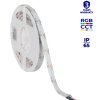 LED pásek Kanlux LCOB 21W/M, RGB+CCT (3000–6100 K), napětí 24 V DC, světelný tok až 680 lumenů na metr, CRI >90, COB technologie bez viditelných bodů, řezatelný po 3,6 cm, venkovní použití IP65 voděodolný , šířka 12 mm, délka 5 metrů – ideální pro moderní interiérové osvětlení stropních podhledů, nábytku, vitrín, kuchyňských linek a designových prvků s možností barevného i bílého světla v jednom pásku