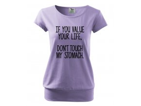 těhotenské tričko pokud si vážíš svého života, nedotýkej se mého bříška fialové