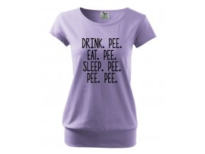 těhotenské tričko napít se, čůrat, jíst, čůrat, spát, čůrat, čůrat, čůrat fialové