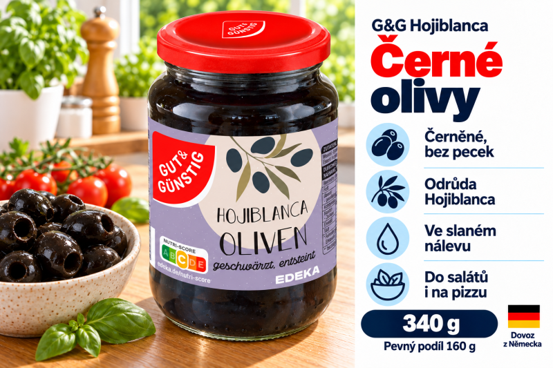 G&G Hojiblanca 340 g – černěné olivy bez pecek ve slaném nálevu v moderní kuchyni