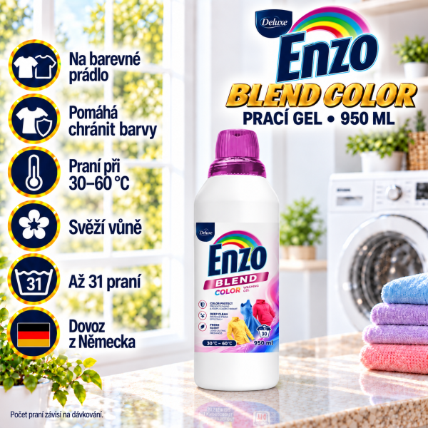 Deluxe Enzo Blend Color prací gel 950 ml na až 31 dávek pro barevné prádlo s přehledem benefitů