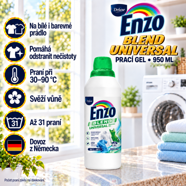 Deluxe Enzo Blend prací gel 950 ml na až 31 dávek – lifestyle obrázek s přehledem benefitů