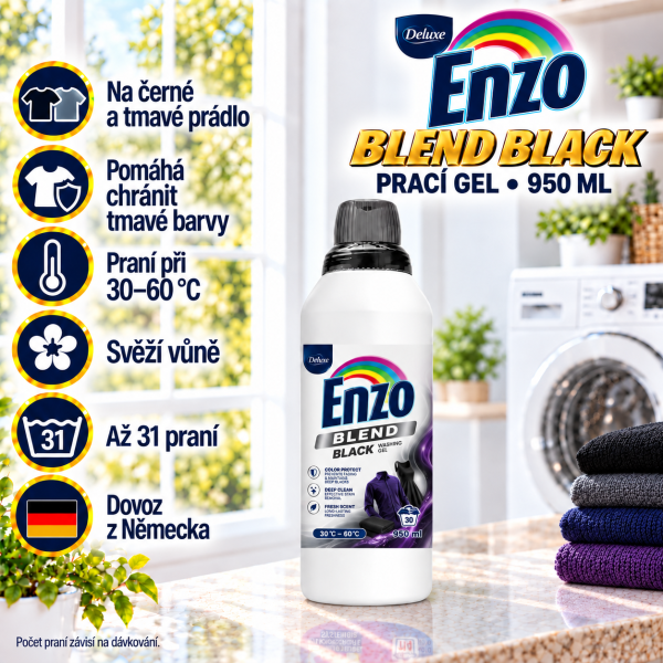 Deluxe Enzo Blend Universal prací gel 950 ml na až 31 dávek pro bílé i barevné prádlo s přehledem benefitů