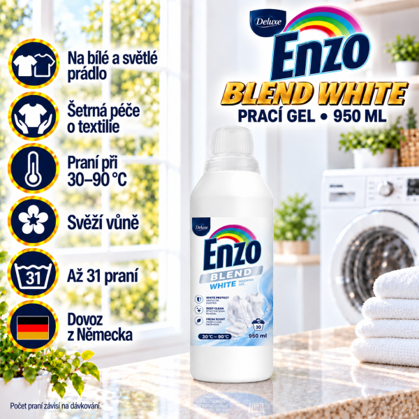 Deluxe Enzo Blend prací gel 950 ml na až 31 dávek – lifestyle obrázek s přehledem benefitů