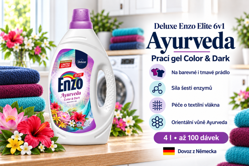 Deluxe Enzo Elite Ayurveda prací gel 4 l až na 100 dávek ve světlé prádelně s exotickými květinami a přehledem benefitů
