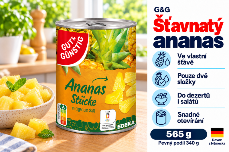 G&G ananasové kousky ve vlastní šťávě 565 g s miskou ananasu v moderní kuchyni