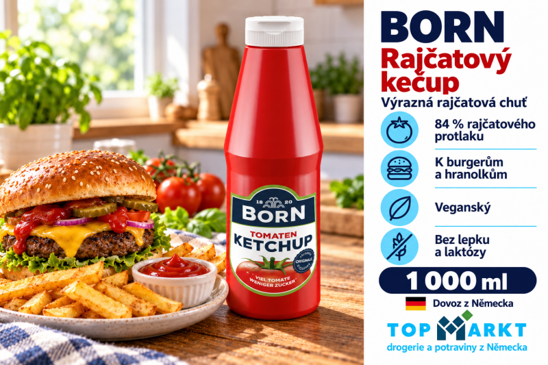 BORN rajčatový kečup 1 000 ml s domácím burgerem a hranolky ve světlé kuchyni