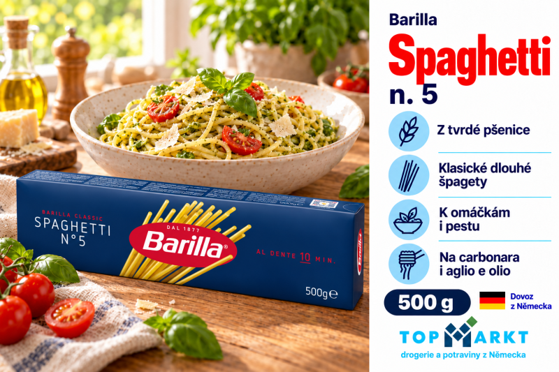 Barilla Classic Spaghetti n. 5, balení 500 g, se špagetami s bazalkovým pestem, cherry rajčaty a sýrem