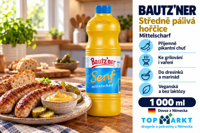 Hořčice Bautz’ner Mittelscharf 1 000 ml s grilovanými klobásami, pečivem a nakládanými okurkami