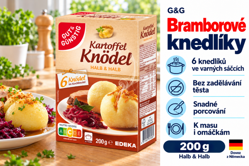 G&G bramborové knedlíky Halb & Halb ve varných sáčcích, 6 ks / 200 g, v moderní kuchyni s ukázkou servírování