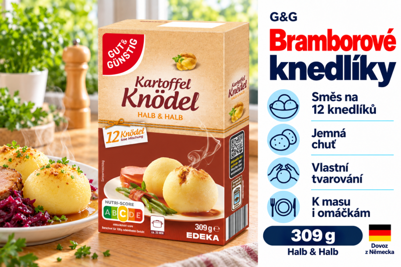 G&G bramborové knedlíky Halb & Halb 309 g v moderní kuchyni se servírovanými knedlíky a přehledem výhod