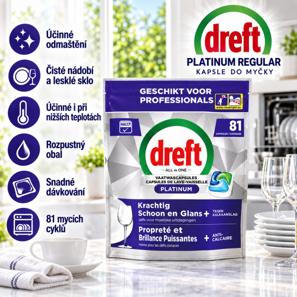 Dreft Platinum Regular – balení 81 kapslí do myčky v kuchyni s čistým nádobím a sklenicemi
