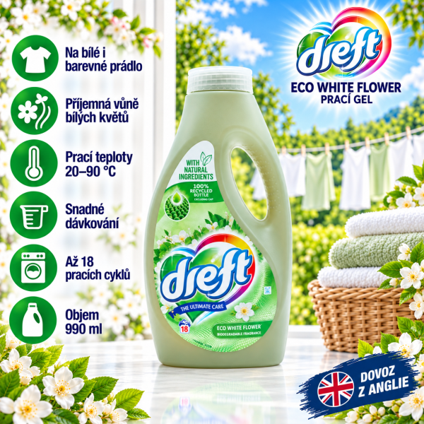 Dreft Eco White Flower – prací gel na bílé i barevné prádlo, 990 ml až pro 18 praní, v prostředí s bílými květy a čistým prádlem
