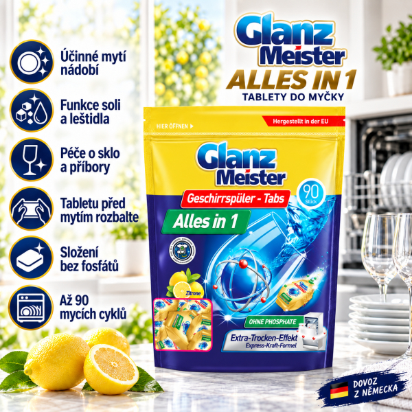 Glanz Meister All in ONE – 90 tablet do myčky bez rozpustné fólie v prostředí světlé kuchyně s čistým nádobím a citrony