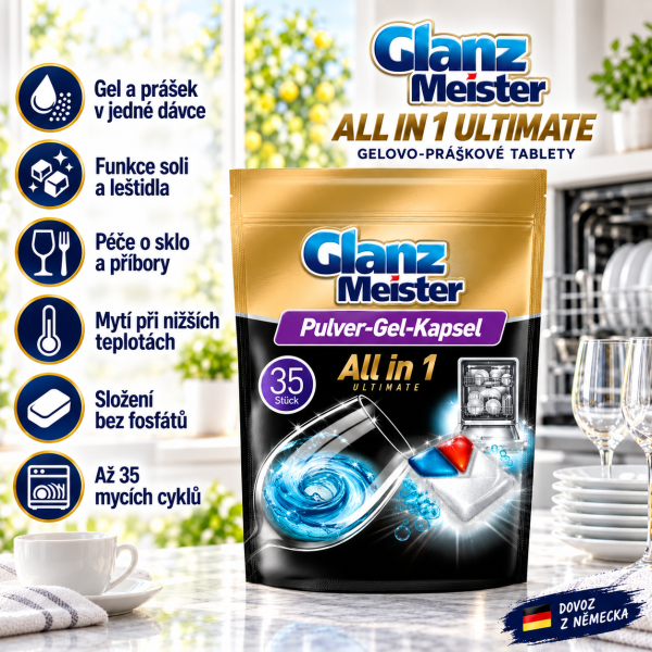 Glanz Meister All-in-one Ultimate – 35 gelovo-práškových tablet do myčky v prostředí světlé kuchyně s čistým nádobím