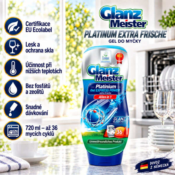 Glanz Meister Platinum Extra Frische – gel do myčky 720 ml s certifikací EU Ecolabel ve světlé kuchyni s čistým nádobím