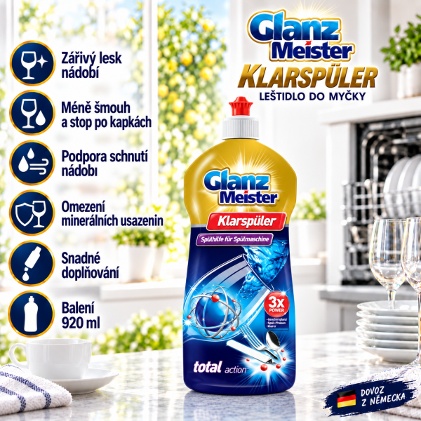 Glanz Meister Klarspüler – leštidlo do myčky 920 ml ve světlé kuchyni s lesklými sklenicemi a čistým nádobím