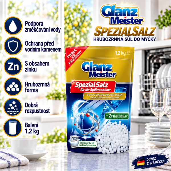 Glanz Meister SpezialSalz – hrubozrnná sůl do myčky se zinkem 1,2 kg ve světlé kuchyni s čistým nádobím