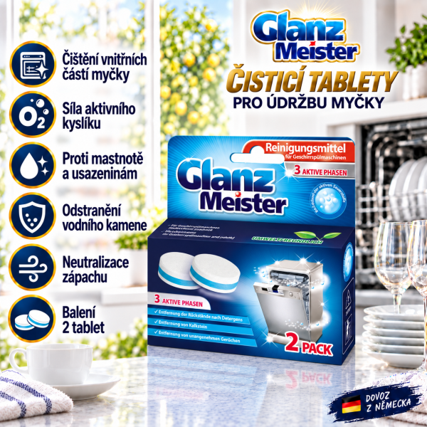 Glanz Meister – 2 čisticí tablety pro údržbu myčky s aktivním kyslíkem ve světlé kuchyni