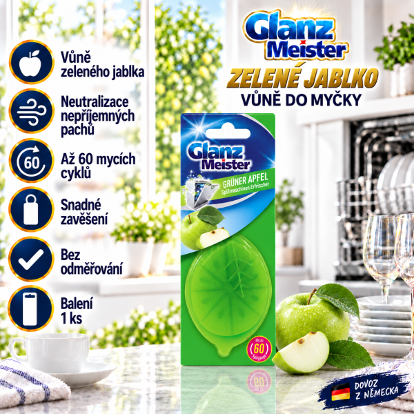 Glanz Meister Zelené jablko – závěsná vůně do myčky ve světlé kuchyni s přehledem hlavních benefitů