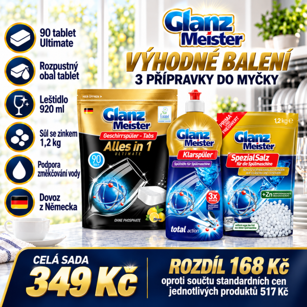 Výhodné balení Glanz Meister – tablety Ultimate, leštidlo a sůl do myčky ve světlé kuchyni s přehledem výhod a cenovým srovnáním