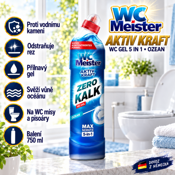 WC Meister Aktiv Kraft 5 in 1 Ozean 750 ml ve světlé koupelně s přehledem hlavních výhod