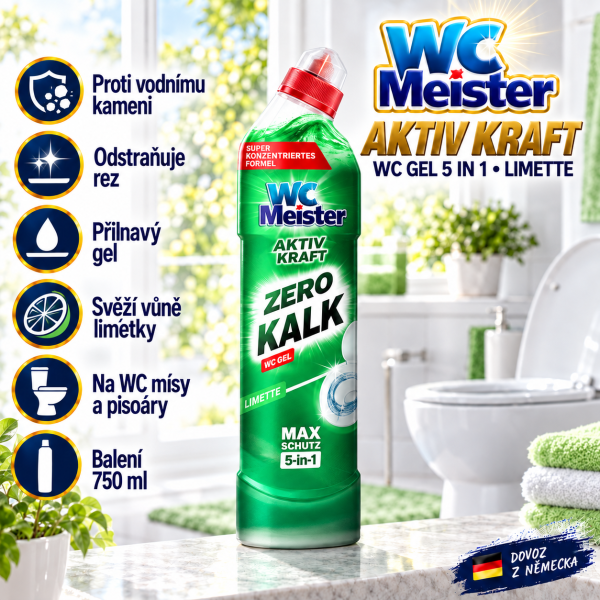 WC Meister Aktiv Kraft 5 in 1 Limette 750 ml ve světlé koupelně se zelenými detaily a přehledem hlavních výhod