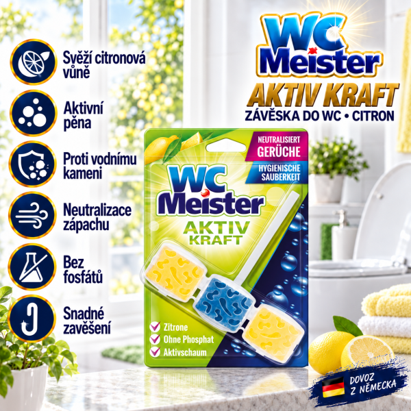 WC Meister Aktiv Kraft Citron ve světlé koupelně se žlutými detaily a přehledem hlavních výhod čisticí závěsky do WC