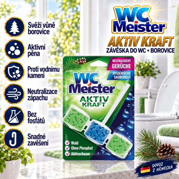 WC Meister Aktiv Kraft Borovice ve světlé koupelně s borovicovou větvičkou a přehledem hlavních výhod čisticí závěsky do WC