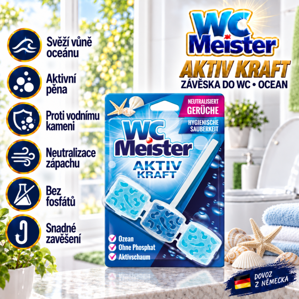 WC Meister Aktiv Kraft Ocean ve světlé koupelně s modrými detaily, mušlemi a přehledem hlavních výhod čisticí závěsky do WC
