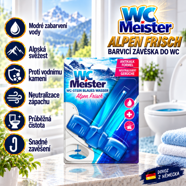 WC Meister Alpen Frisch ve světlé koupelně s alpským výhledem, modře zabarvenou vodou a přehledem hlavních výhod barvicí závěsky do WC