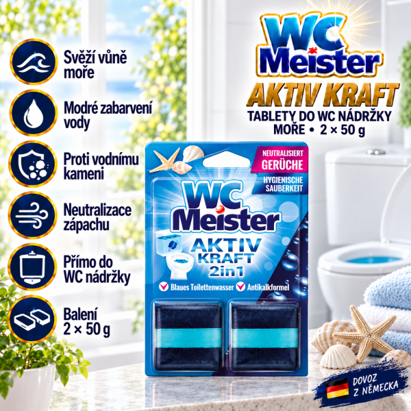 WC Meister Aktiv Kraft Moře ve světlé koupelně s mušlemi, modře zabarvenou vodou a přehledem hlavních výhod tablet do WC nádržky