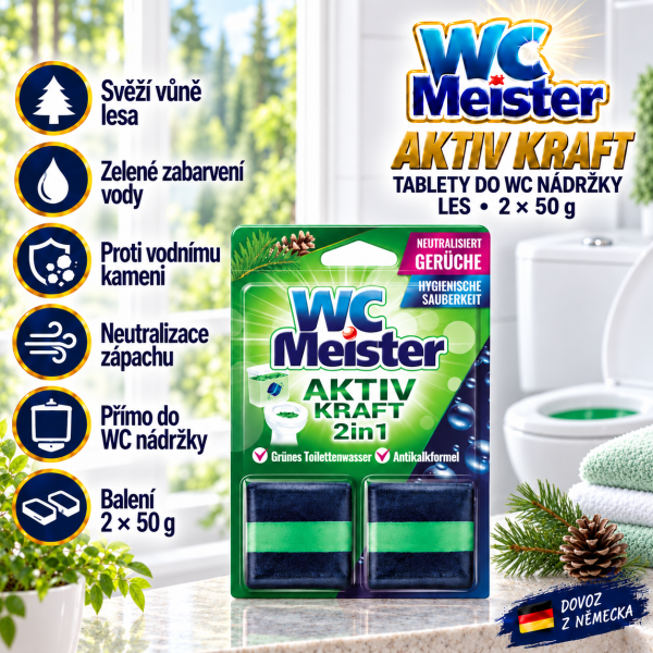 WC Meister Aktiv Kraft Les ve světlé koupelně s borovicovou větvičkou, zeleně zabarvenou vodou a přehledem hlavních výhod tablet do WC nádržky