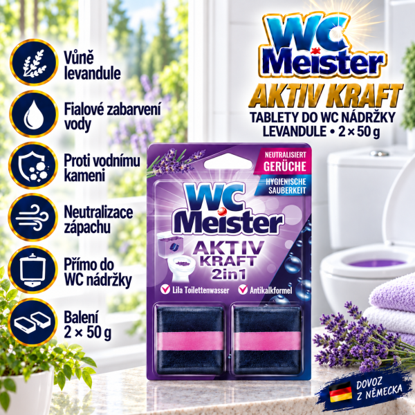 WC Meister Aktiv Kraft Levandule ve světlé koupelně s levandulovými květy, fialově zabarvenou vodou a přehledem hlavních výhod tablet do WC nádržky