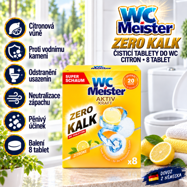 WC Meister Zero Kalk Citron, 8 čisticích tablet do WC, ve světlé koupelně s citrony a přehledem hlavních výhod