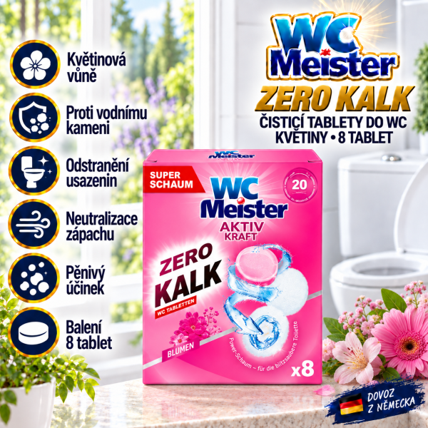 WC Meister Zero Kalk s vůní květin, 8 čisticích tablet do WC, ve světlé koupelně s růžovými květinami a přehledem hlavních výhod