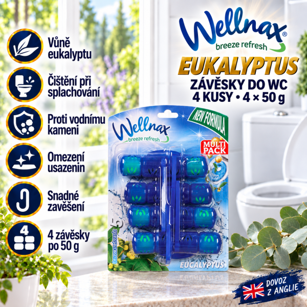 Wellnax Eukalyptus, balení 4 závěsek do WC po 50 g, ve světlé koupelně s eukalyptovými větvičkami a přehledem hlavních výhod