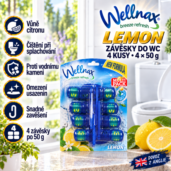 Wellnax Lemon, balení 4 závěsek do WC po 50 g, ve světlé koupelně s citrony a přehledem hlavních výhod