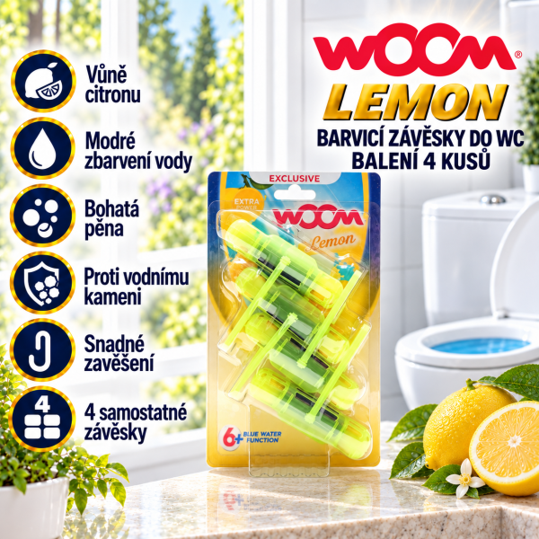 wOOm Lemon, balení čtyř barvicích závěsek do WC, ve světlé koupelně s citrony a přehledem hlavních výhod