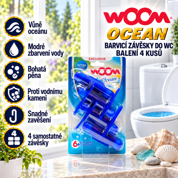 wOOm Ocean, balení čtyř barvicích závěsek do WC, ve světlé koupelně s mořskými dekoracemi a přehledem hlavních výhod