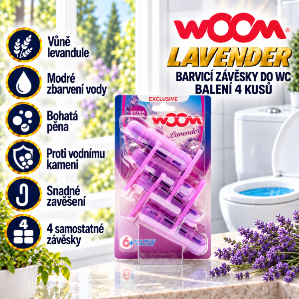 wOOm Lavender, balení čtyř barvicích závěsek do WC, ve světlé koupelně s levandulí a přehledem hlavních výhod