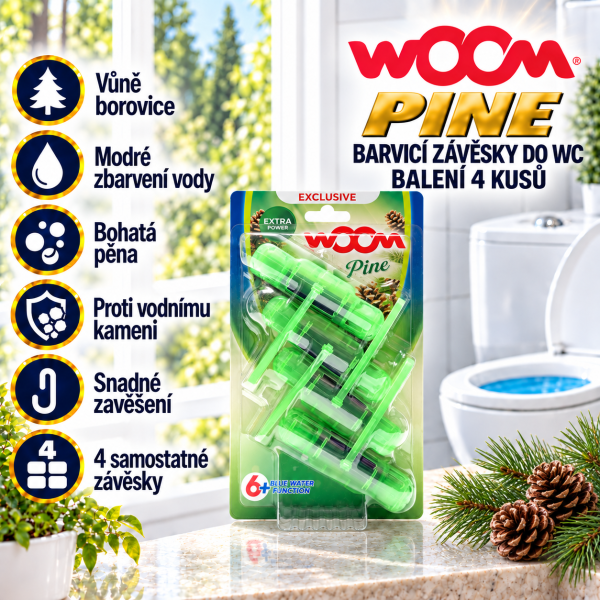 wOOm Pine, balení čtyř barvicích závěsek do WC, ve světlé koupelně s borovicovými větvičkami, šiškami a přehledem hlavních výhod