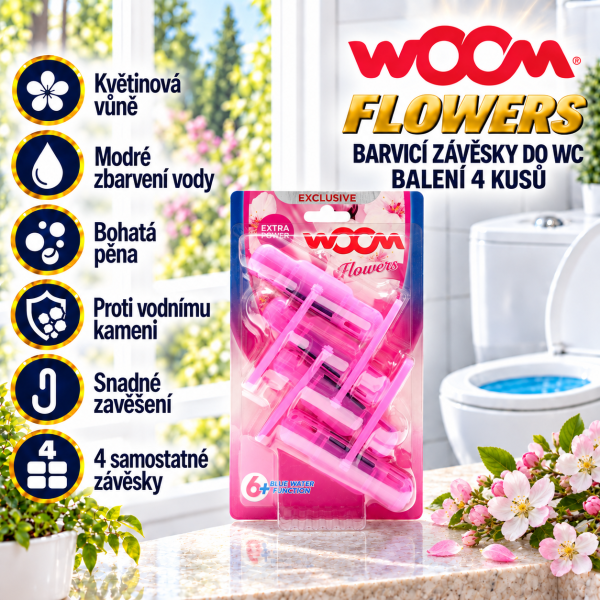 wOOm Flowers, balení čtyř barvicích závěsek do WC, ve světlé koupelně s růžovými květy a přehledem hlavních výhod