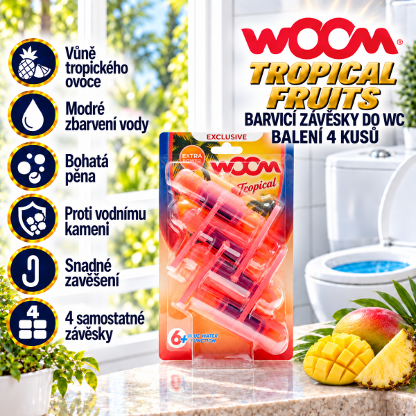 wOOm Tropical Fruits, balení čtyř barvicích závěsek do WC, ve světlé koupelně s tropickým ovocem a přehledem hlavních výhod