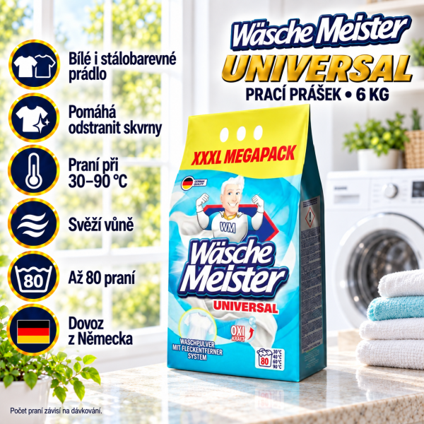 Wäsche Meister Universal 6 kg na bílé a stálobarevné prádlo v prostředí světlé prádelny s přehledem benefitů