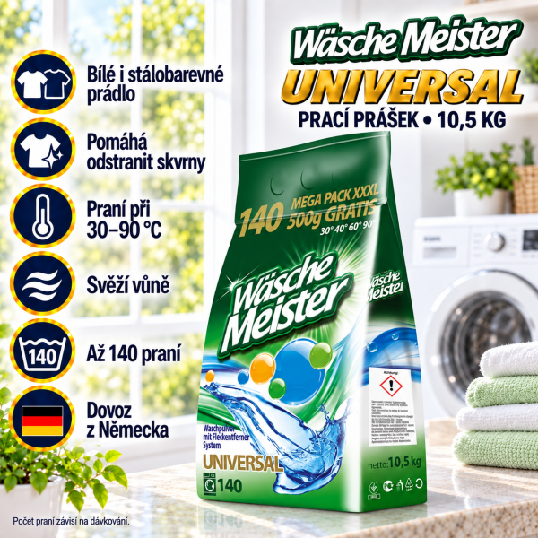 Wäsche Meister Universal 10,5 kg na bílé a stálobarevné prádlo v prostředí světlé prádelny s přehledem benefitů