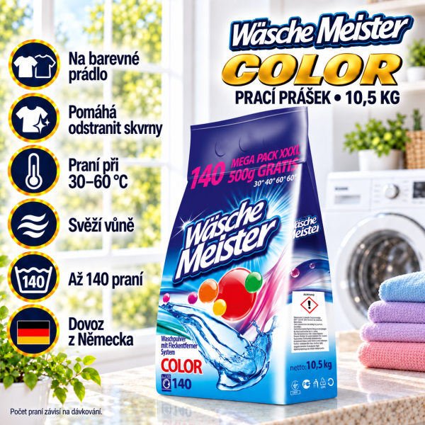 Wäsche Meister Color 10,5 kg na barevné prádlo v prostředí světlé prádelny s přehledem benefitů